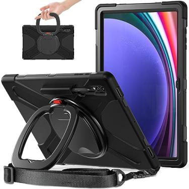 Imagem de Capa de rotação 360 para Samsung Galaxy Tab S9 Ultra 37.1 cm capa resistente anel giratório suporte alça de transporte alça de mão resistente crianças adultos capa externa (preto)