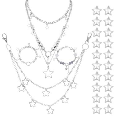 Imagem de YKYUASD Y2k Conjunto de acessórios Y2K Colar de estrela de prata colar em camadas grunge calças hip hop corrente clipes de cabelo prata pulseira conjunto de joias vintage para mulheres