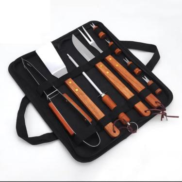 Imagem de Conjunto de Facas Churrasco com 9 Peças, Cabo de Madeira, Estojo de Transporte Preto