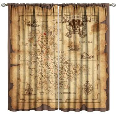 Imagem de Cortina de mapa da ilha, mapa do tesouro super detalhado piratas rústicos ouro segredo história do mar cortinas de janela para quarto sala de estar 106,7 cm L x 114,3 cm C