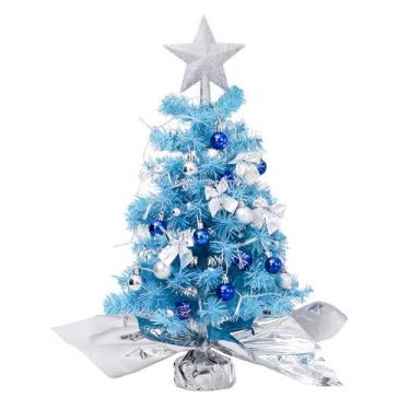 Imagem de Árvore de Natal com luzes LED, árvore de Natal de mesa de 43 cm, mini árvore de mesa com topo de estrela com glitter, pré-decorada com laços e ornamentos, decoração de férias interna ou externa (azul)