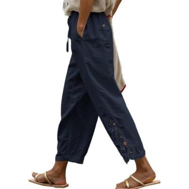 Imagem de Calças femininas Acelitt, linho, cordão, elástico, cintura, azul