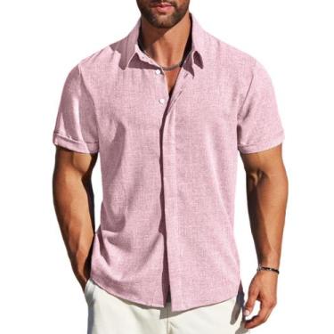 Imagem de Camisa masculina MAPICK de linho de manga curta com botões rosa