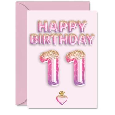 Imagem de Cartões de aniversário de 11 anos para meninos e meninas - balões de glitter rosa e roxo - Cartão de feliz aniversário para meninos de 11 anos, neta, irmão, irmã sobrinho, cartões comemorativos A5