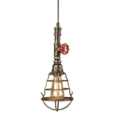 Imagem de YQSLQZZ Luminária pendente de tubo de água Steampunk, lustre vintage industrial para sala de jantar, cozinha, ilha, com sombra de gaiola, iluminação suspensa no teto, luz de teto, altura ajustável