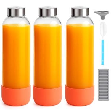 Imagem de Zukro Garrafas de suco de vidro com tampas para suco de 946 ml, pacote com 3 garrafas de água de vidro transparente reutilizáveis com tampa hermética de aço inoxidável e base de silicone, 100% à prova