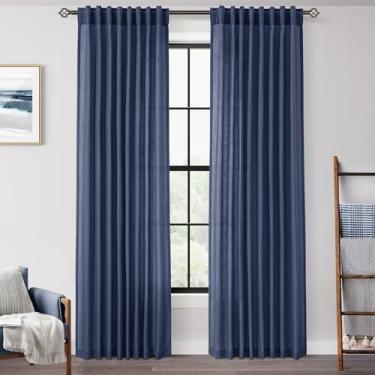 Imagem de Cortinas azul marinho 304,8 cm de comprimento para quarto traseira com filtro de luz azul semitransparente cortinas de sala de estar linho algodão texturizado azul índigo painel de cortina decoração