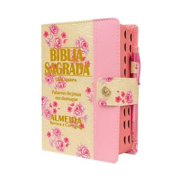 Imagem de Biblia Letra Grande Com Harpa e Botão - Floral e Rosa 16x12cm - REI DA