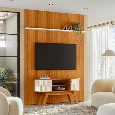 Imagem de Painel TV 65 Pol 179cm Ripado Valen e Rack Bancada Rylan Cinamomo/Off White M20 - D'Rossi
