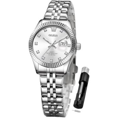 Imagem de OLEVS Relógios femininos para negócios, vestido feminino, para relógio de pulso pequeno, dourado, prateado, pulseira de aço inoxidável, analógico, quartzo, dia, data, à prova d'água, relógios