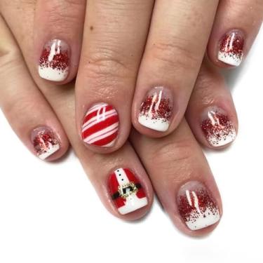 Imagem de Pregos postiços quadrados curtos de Natal com design de glitter vermelho unhas brancas de acrílico com ponta francesa cola brilhante em unhas postiças nuas unhas artificiais para mulheres, 24 peças