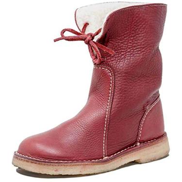Imagem de Bigfanshu Botas femininas de neve de inverno, botas de cano médio, cor lisa, sapatos quentes, plus size, fácil de usar, bota rasteira, Vermelho, 36 BR