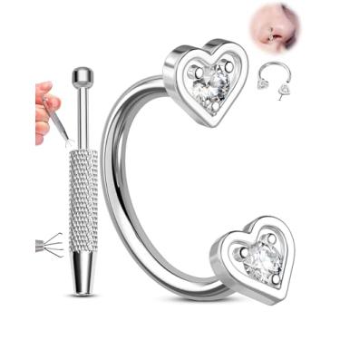 Imagem de Melighting Argola de nariz de ferradura de 20G, piercing de nariz com pino de pressão sem rosca com conjunto de ferramentas de agarrar bola cônica 316L, aço cirúrgico 316L, coração/estrela CZ septo