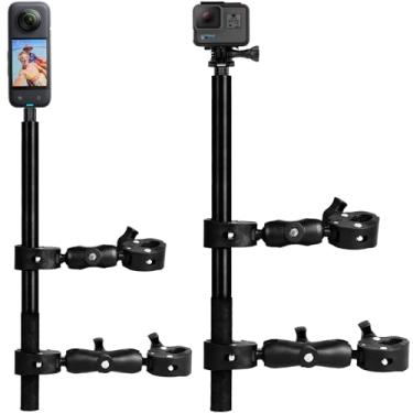 Imagem de Kit de suporte de motocicleta para Insta360 X5/GoPro/AKASO/DJI Osmo- Suporte de guidão de grampos duplos com bastão de selfie de 120 cm para discos de motocicleta e ciclismo