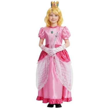 Imagem de LETIME Fantasia de princesa rosa para meninas, fantasia de princesa infantil, festa de aniversário, cosplay, vestido com peruca e luvas de coroa, Multicolorido, M(5-7Years)