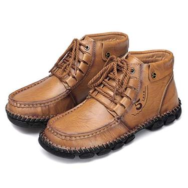 Imagem de Bigfanshu Botas de cano curto de couro para homens, botas de inverno masculinas com pele sem cadarço, sapatos casuais largos e confortáveis, sapatos elegantes e respiráveis para dirigir, sapatos de caminhada de barco, tênis planos feitos à mão, Amarelo, 13 Wide