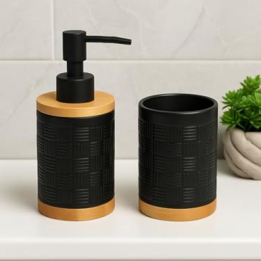Imagem de Kit Banheiro Cerâmica 2 Peças - Porta Sabonete Líquido e Porta Escova para Decoração Lavabo(TIJOLINHO PRETO)