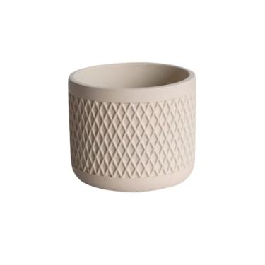 Imagem de hezhuhe2258 Macetas para plantas Vaso redondo com textura de grade, vaso de mesa de cimento com orifício de drenagem, para decorar varanda, sala de estar, cozinha para casa de jardim (bege, pequeno)