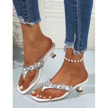 Imagem de Sandálias femininas de salto gatinho com strass flor bico quadrado chinelo sandália tanga confortável verão 5 cm sandálias de salto para mulheres, Branco, 40