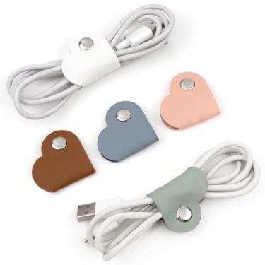 Imagem de 5 peças organizador de cabos de coração, gerenciamento de cabos, organizador de fios, cabo de couro, enrolador, colorido