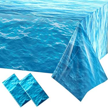 Imagem de Irenare Toalha de mesa de plástico Ocean Waves, capa de mesa com estampa de água, toalha de mesa azul para praia, piscina, decoração de festa de aniversário, suprimentos de chuveiro (2 peças, 137 x