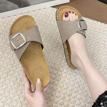 Imagem de Sandálias femininas planas com suporte de arco, confortável, com pé de cortiça, fivela ajustável e espuma viscoelástica para férias de verão na praia, Cinza, 35