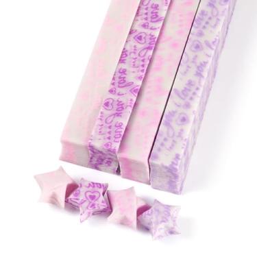 Imagem de 540 folhas de fita de papel de estrela de origami luminosa, padrão de coração com a palavra Love You, papel dobrável estrelas da sorte que brilha no escuro para decoração de artesanato artesanal, roxo