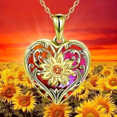 Imagem de Colar com pingente de coração de girassol dourado, Large, Liga de aço, Amazonita