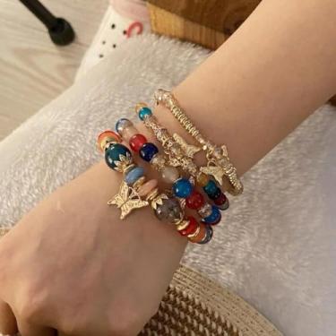 Imagem de 4 conjuntos de pulseiras boêmias empilháveis com contas para mulheres, estilo boêmio, elástico, multicamadas, conjunto de joias, One Size, Poliéster, Sem Pedra Preciosa