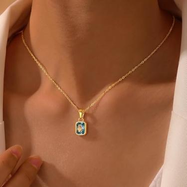 Imagem de Colar com pingente de pedra do mês de nascimento banhado a ouro 18 K para mulheres, delicado, octagrama, azul, esmeralda, verde, quadrado, pedra preciosa, aço inoxidável, hipoalergênico, aniversário