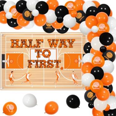 Imagem de kreat4joy Basquete decoração de meio aniversário menino, meio caminho para a primeira decoração tema basquete pano de fundo banner balão látex guirlanda arco kit para esportes 1/2 6 meses suprimentos
