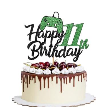 Imagem de YQLXDHBD 1 peça de topo de bolo de feliz aniversário de 11 anos com glitter, jogo de escolha de bolo em controladores, decoração de bolo de onze felicidades a 11 anos, para meninos e meninas