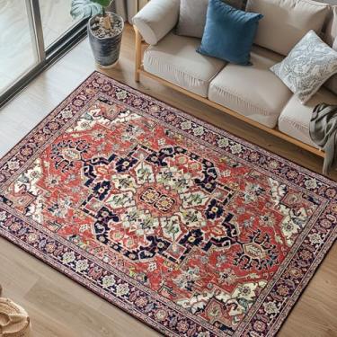 Imagem de Lacut Tapetes de área 1,2 x 1,8 m lavável, tapete floral vintage antiderrapante, ideal para entrada, sala de estar, quarto, sala de jantar, tapete vermelho tijolo baixo