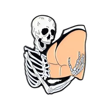 Imagem de Broche de esqueleto segurando bumbum, meme viral humor negro esmaltado, presente engraçado para amigo sarcástico atrevido, broches de humor mórbido, emblema de lapela de pêssego, piada de internet