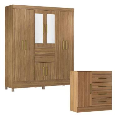 Imagem de Cômoda Montevidéu E Guarda Roupa Casal Munique Amêndola Touch Com Espelho - Demóbile