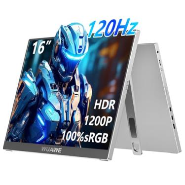 Imagem de WUAWE Monitor Portátil De 16" 1200P 120Hz, Monitor Portátil Para Jogos 100% Srgb Com Suporte Integrado, Hdr E Freesync, Usb C, Pc, Telefone, Switch E Ps5