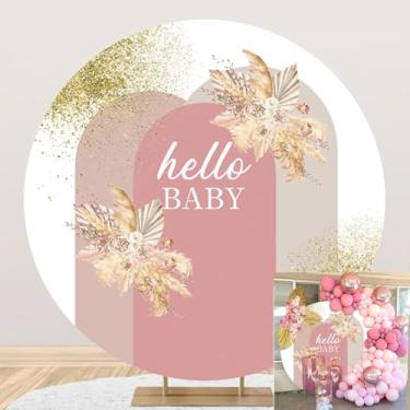 Imagem de Capa de fundo redonda boho para chá de bebê, 2,2 x 2,2 m, pontos dourados, vintage, grama, rosa, Hello Baby, fundo fotográfico, para meninas, recém-nascidas, decoração de bolo, decoração de mesa, arco