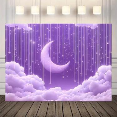 Imagem de Fundo fotográfico roxo céu estrelado lua estrela retrato de bebê desenho animado estrelas celestial menina chá de bebê decorações de festa de aniversário (B, 2,1 x 1,5 m)