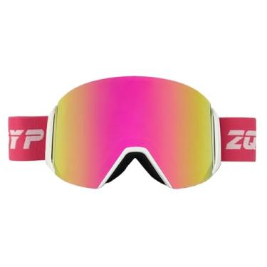 Imagem de YMTSGEQ Óculos de esqui/snowboard, lentes magnéticas intercambiáveis 100% proteção UV400 proteção UV400 OTG óculos de neve para homens e mulheres (armação branca alça rosa - lente dourada rosa Revo