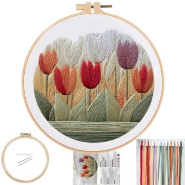 Imagem de FONNUY Kit de bordado para iniciantes, kits de padrão pré-estampado de flores de tulipas para adultos com aro, bordado de linha colorida fácil de seguir, argola de 20 cm (branco)