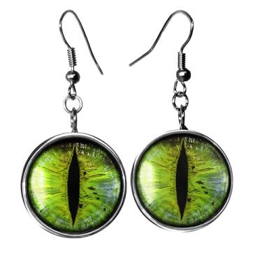 Imagem de Brincos de globo ocular de gato - Brincos pendentes de gota de prata com olhos de taxidermia verde - 8-E-SLRE, vidro, cabochão