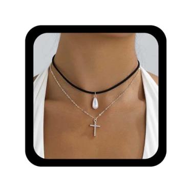 Imagem de Allereyae Colar vintage em camadas com cruz de veludo preto, colar de gota de pérola dourada, colar de veludo, crucifixo de cristal, pingente de pérola, gargantilha para mulheres
