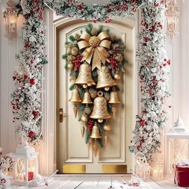 Imagem de BlissYard Capa de porta de sinos de Natal 89 x 188 cm, faixa dourada, pinha, decoração festiva para entrada frontal, decoração de parede sazonal para decoração de varanda interna e externa