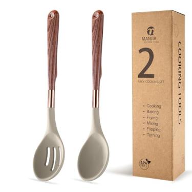 Imagem de MANJIA Conjunto de colheres de silicone, colher com fenda de silicone antiaderente e conjunto de colher sólida, colheres de servir, espátula de cozinha para cozinhar peixe, ovos, fliper, conjunto de