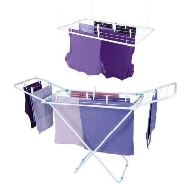 Imagem de kit Varal De Chão 144cm + Varal Teto Suspenso 90cm Aço Pendurar Roupas