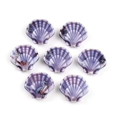 Imagem de LiQunSweet 10 peças de contas de porcelana de cerâmica com tema de concha roxa oceano mar animal espaçador contas soltas para joias faça você mesmo, pulseira, colar, artesanato, brincos, chaveiro