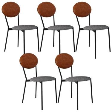 Imagem de Kit 05 Cadeiras Estofada Para Sala De Jantar Azuri Preto C01 Linho Prata Courino Caramelo - Lyam Decor