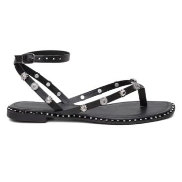 Imagem de Sandália Feminina Rasteirinha Minimalist Preta Fivela Tiras com Detalhes em Metal Dedo Verão (BR, Adulto, Numérico, 35)