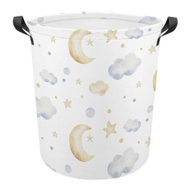 Imagem de Huryilo Cesto de lavanderia infantil com desenho animado, decoração de nuvem, lua, estrela, cesto de roupas, cesto de armazenamento de brinquedos para quarto de crianças, banheiro