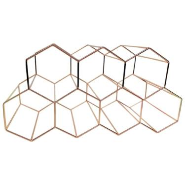 Imagem de Elegante rack de vinho hexagonal, bancada de 9 garrafas de metal ouro rosa, armazenamento padrão de garrafas de vinho que economizam espaço, sem necessidade de montagem, estrutura resistente soldada